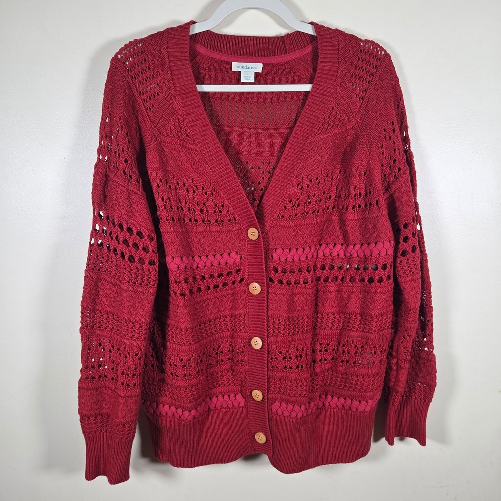 Sundance Cardigan Sweater Women Large Red Crochet Knit Boho Open Weave Layering
